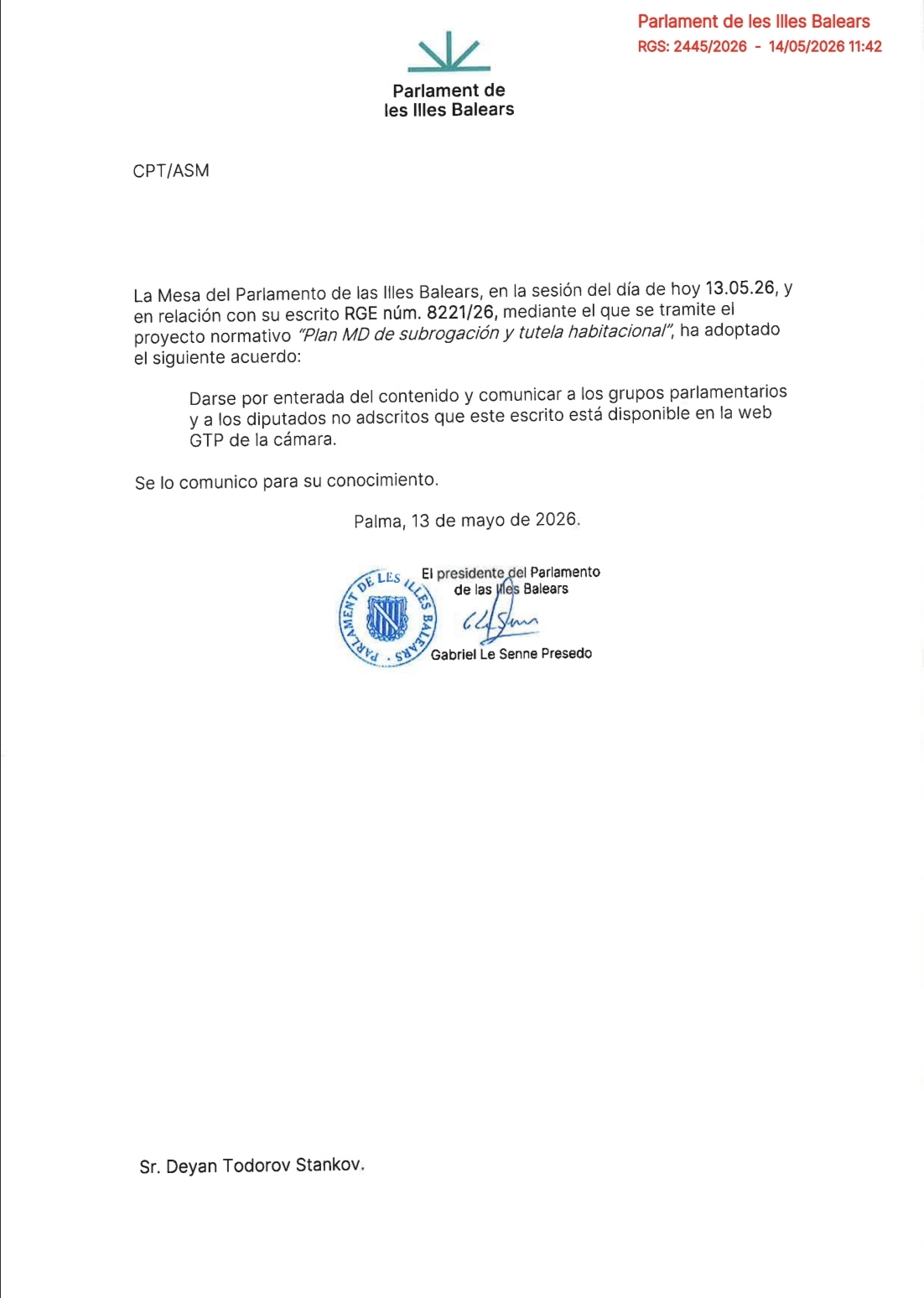 Acuerdo del Parlament de les Illes Balears admitiendo a trámite el Plan MD